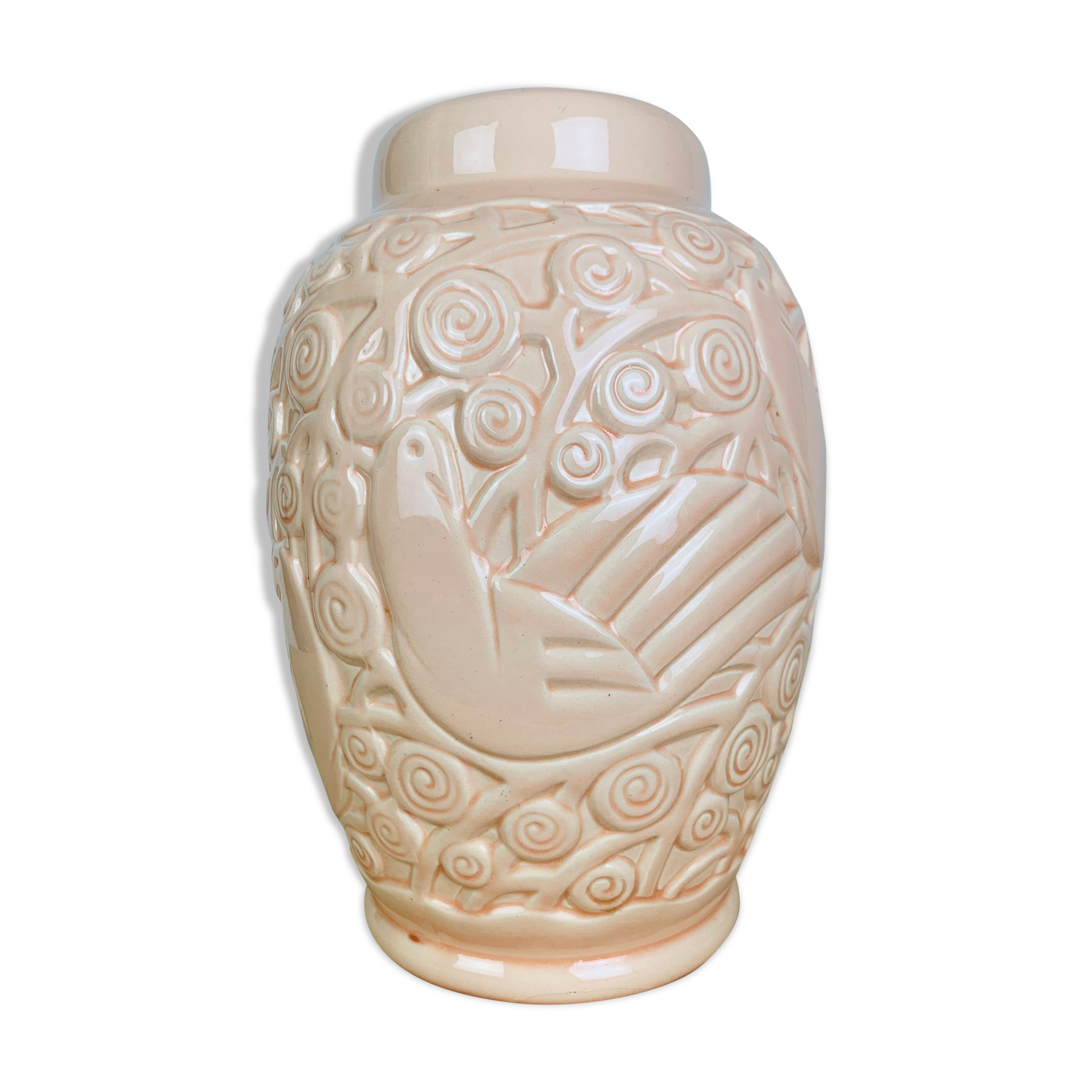 Art deco vase St Clément pigeon model, pink ceramic
