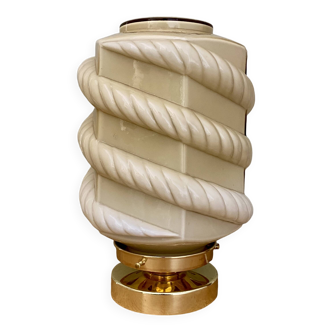Lampe à poser globe vintage art déco en opaline jaune pâle