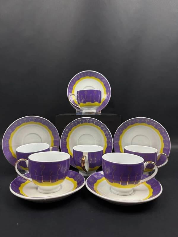 Set of 6 modern purple yellow and gold porcelain coffee cups from the 80s