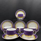 Set of 6 modern purple yellow and gold porcelain coffee cups from the 80s