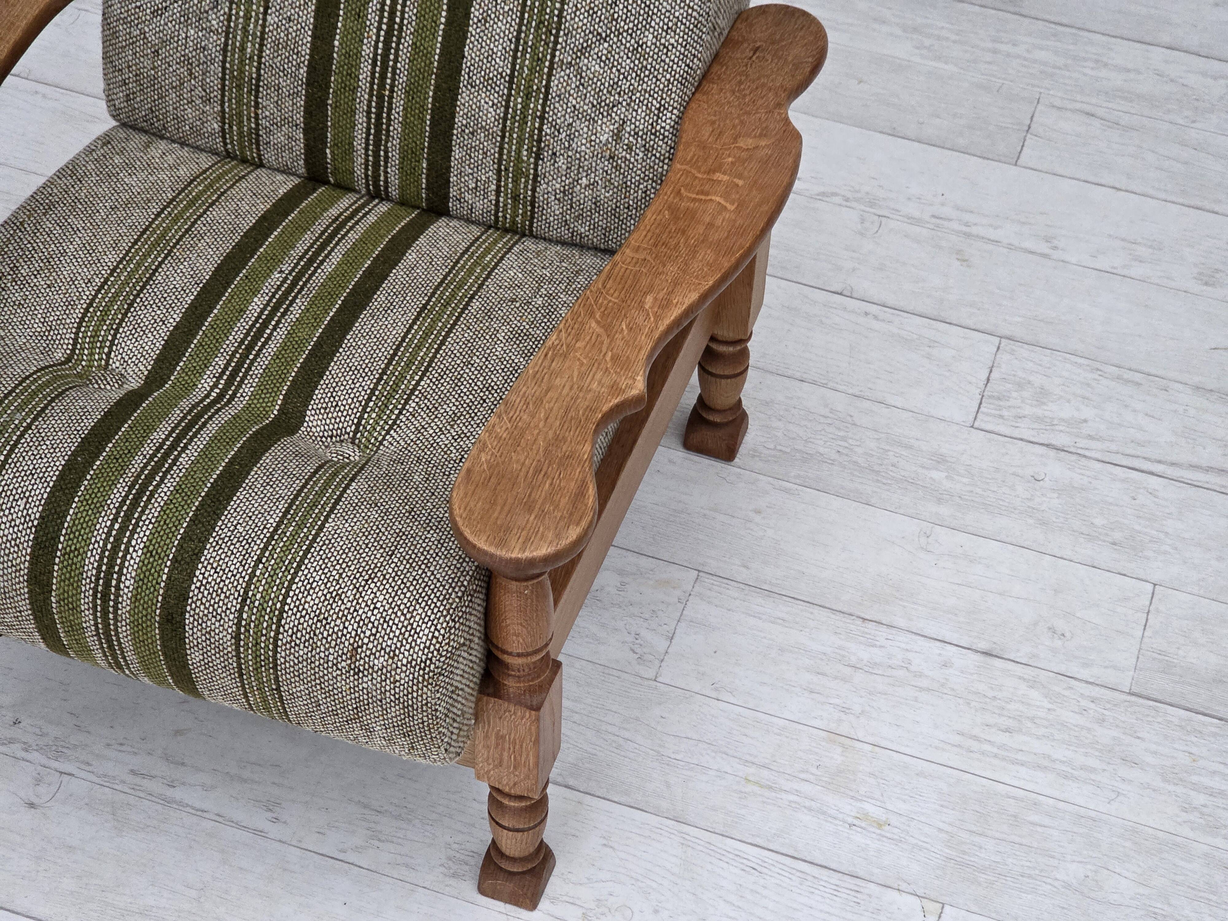 1970s, Danish armchair, original furniture wool fabric, solid oak wood.