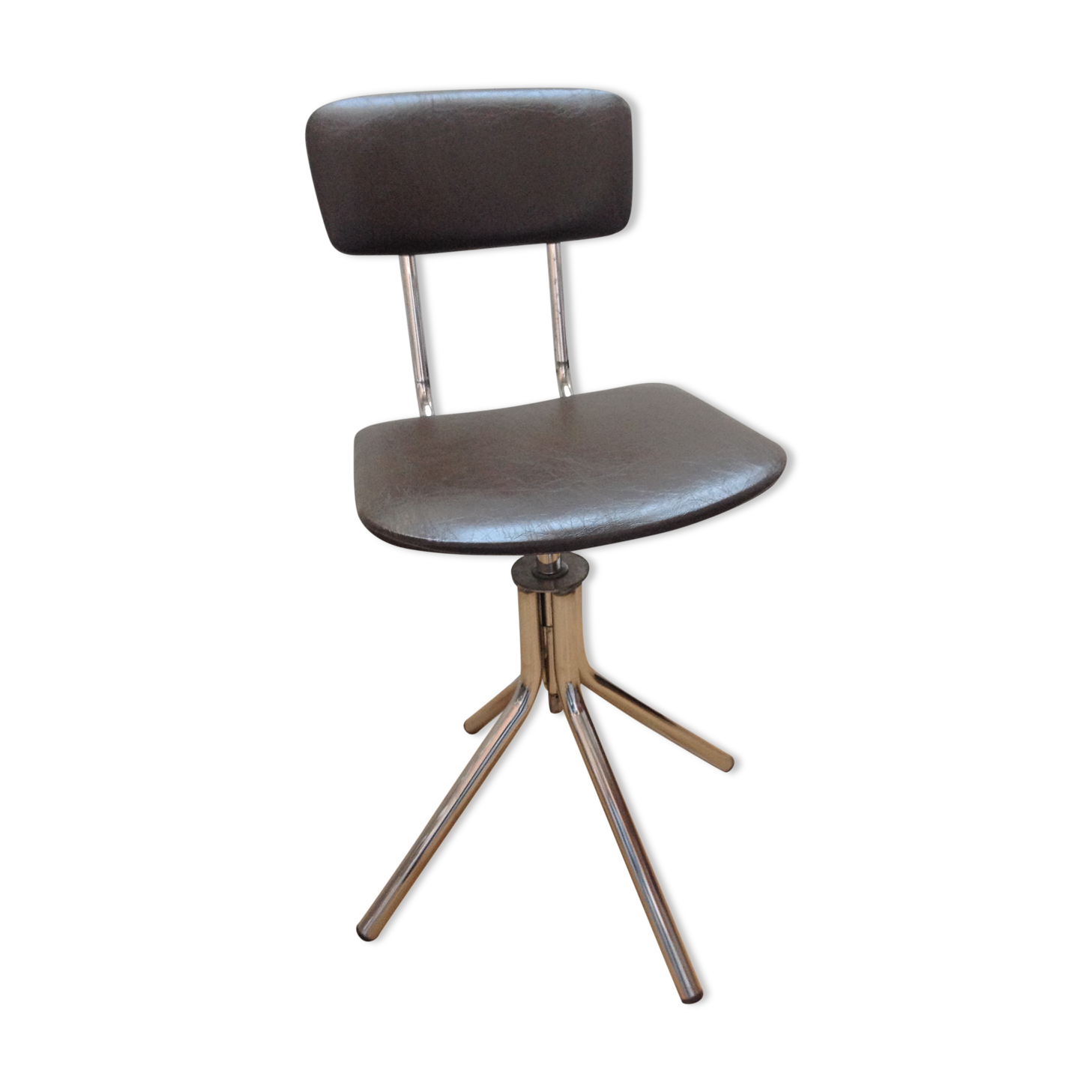 Swivel chair in chromed metal and skai brown years 60-70