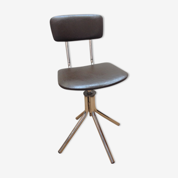 Swivel chair in chromed metal and skai brown years 60-70
