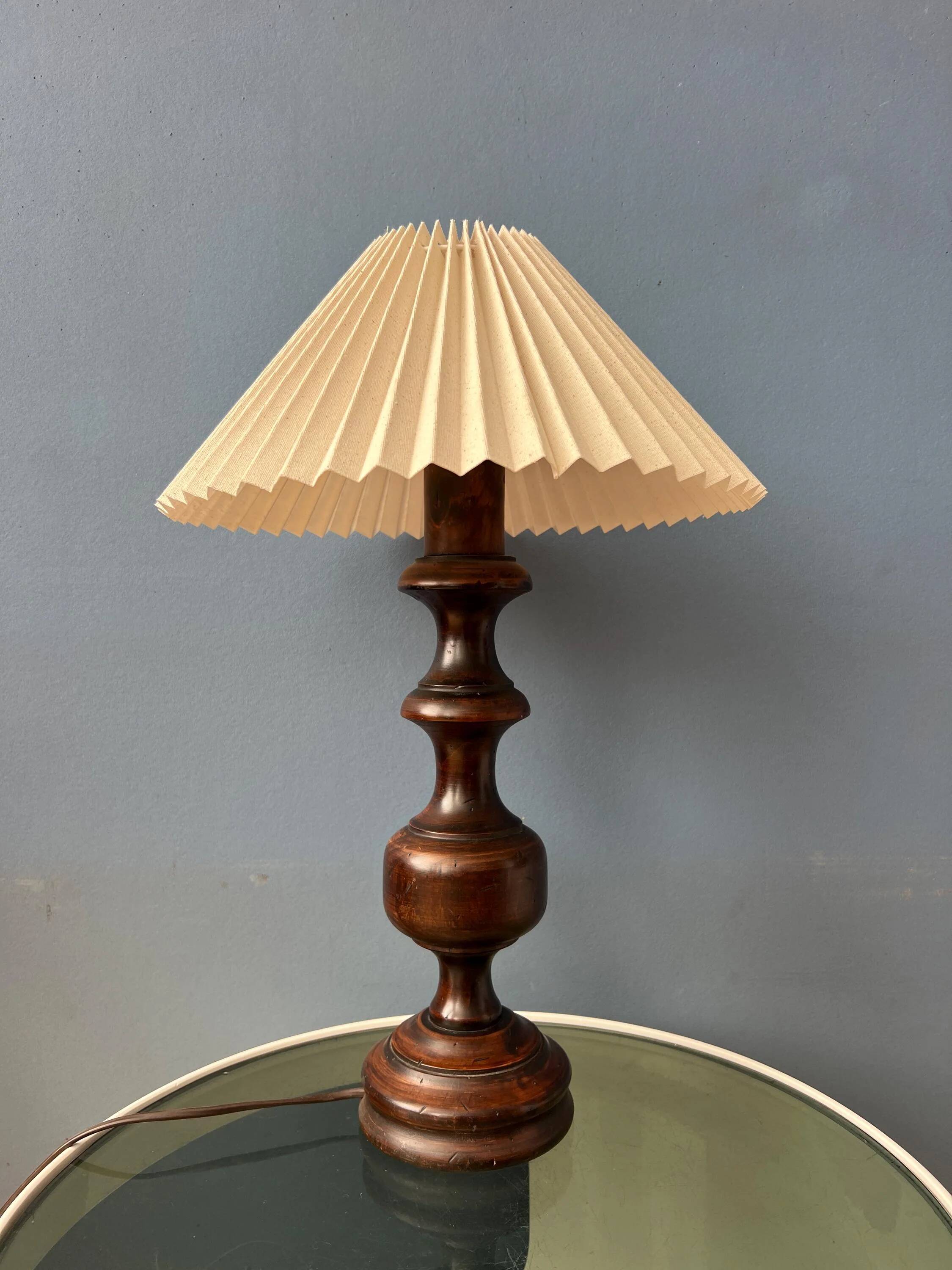 Vintage wooden table lamp with pleated shade
