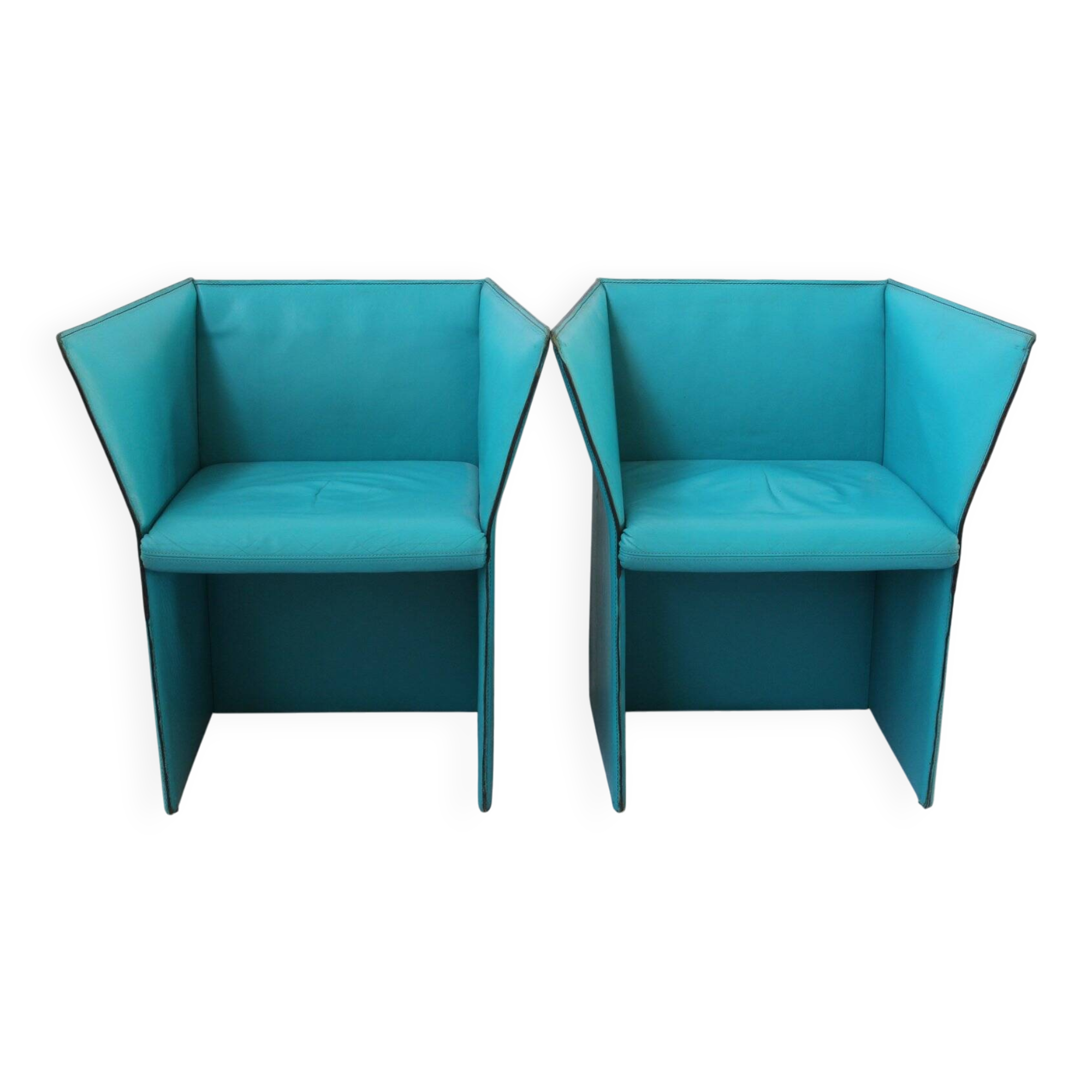 Set of Turquoise Leather Armchairs by Tito Agnoli, Italy, 1970s