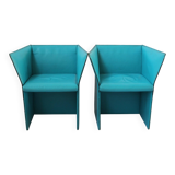 Set of Turquoise Leather Armchairs by Tito Agnoli, Italy, 1970s