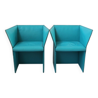 Set of Turquoise Leather Armchairs by Tito Agnoli, Italy, 1970s