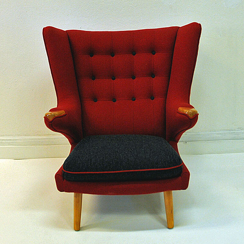 Red and massive Wingback armchair from around 1950`s, Scandinavian