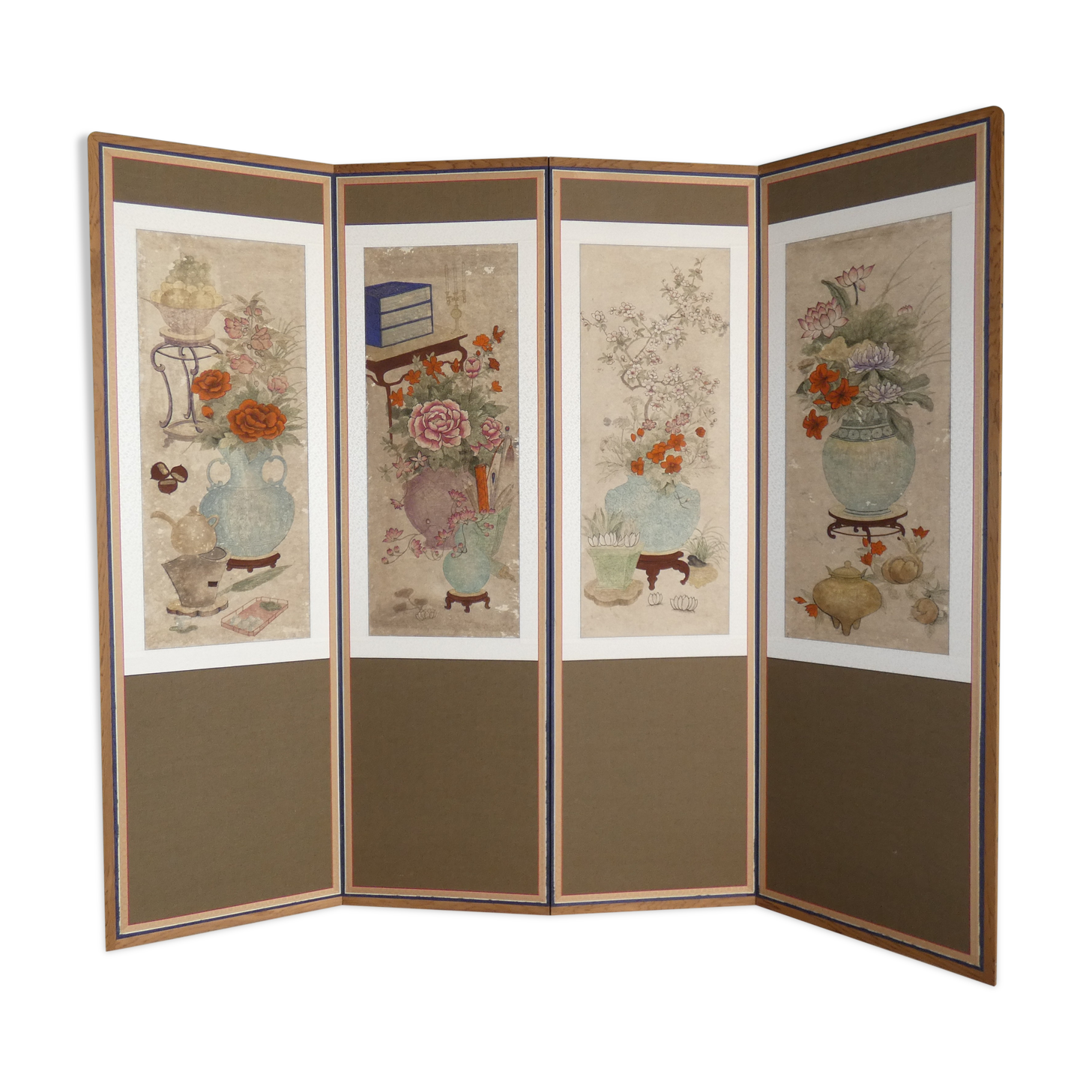 Screen 4 korean pans with flower patterns circa 1950 1970 h 156 l 180