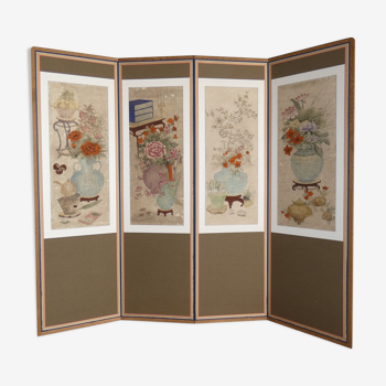Screen 4 korean pans with flower patterns circa 1950 1970 h 156 l 180