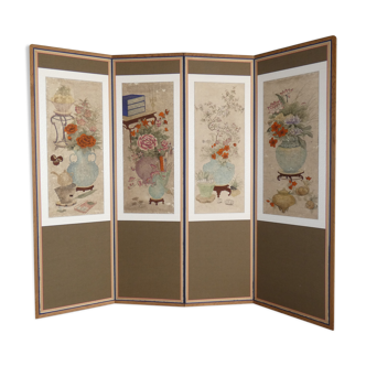 Screen 4 korean pans with flower patterns circa 1950 1970 h 156 l 180