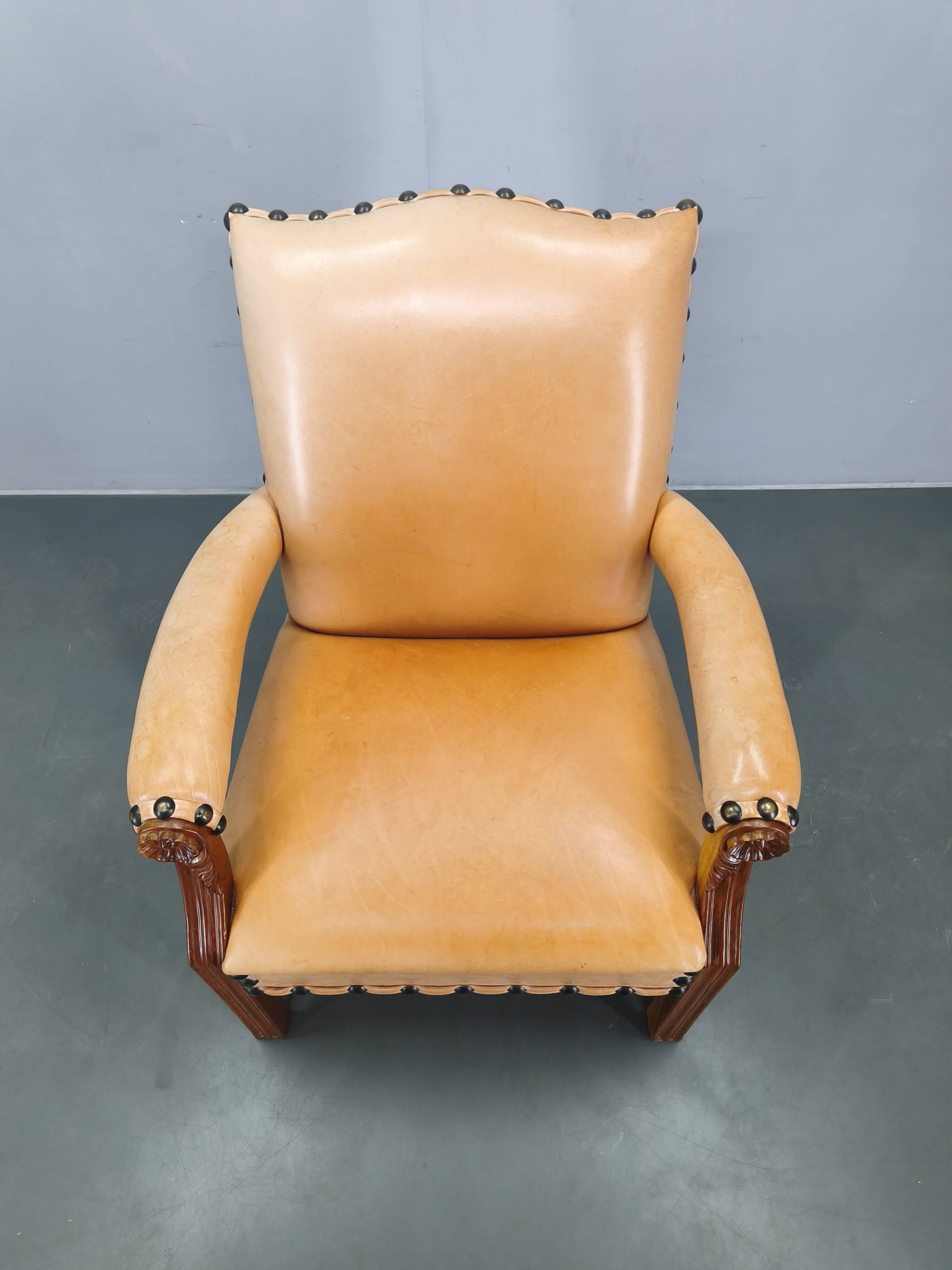 Antique Danish Leather Armchair Carved Wood Club Chair, Early 1900s