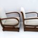 Pair of Art Dèco Italian Walnut and Velvet Armchairs and Two Ottomans, 1920