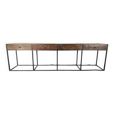 Console en bois ancien et piètement en métal avec 4 tiroirs