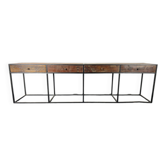 Console in old wood and metal base with 4 drawers