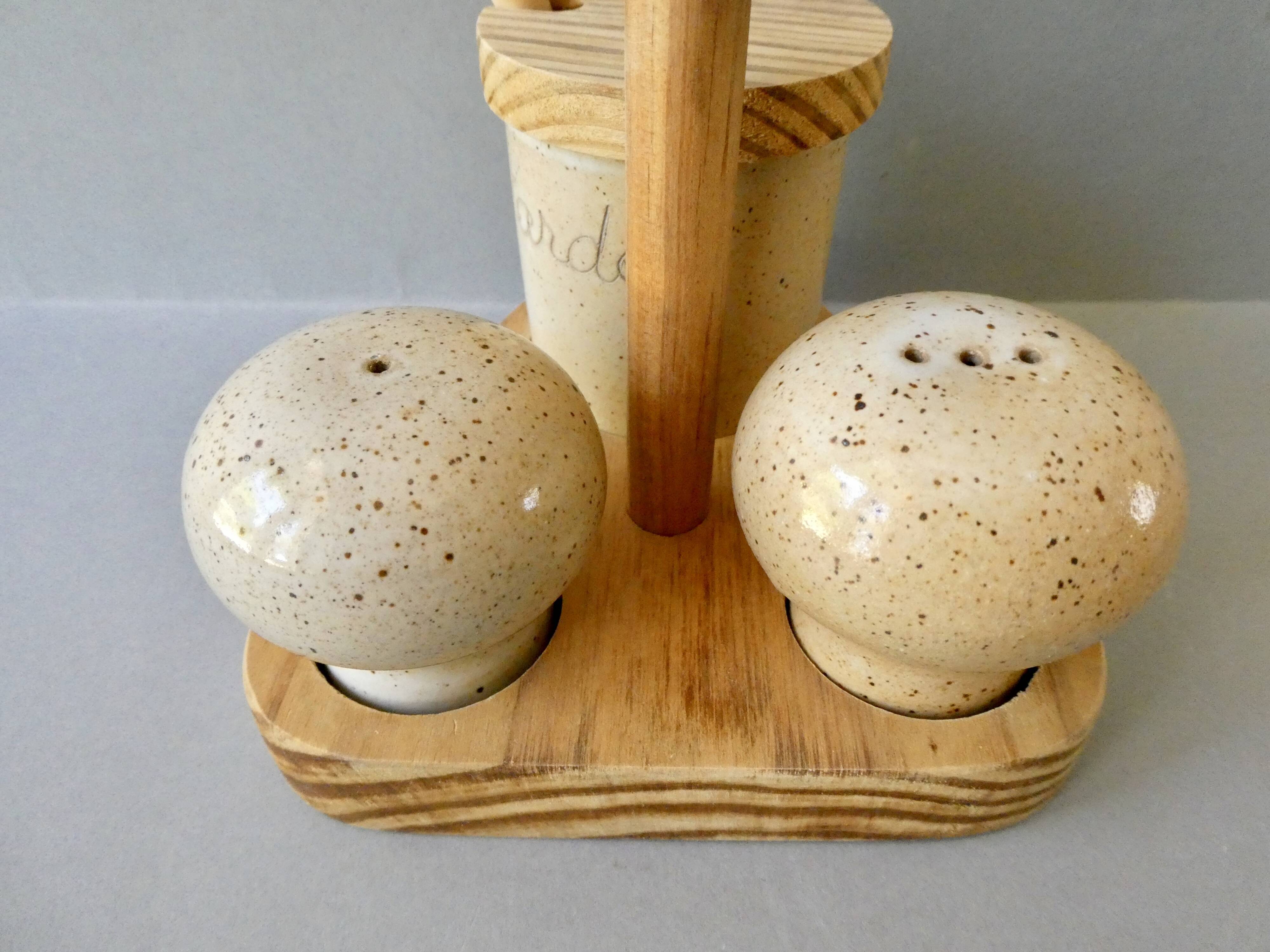 Salt, pepper and mustard set, sandstone from Marais France