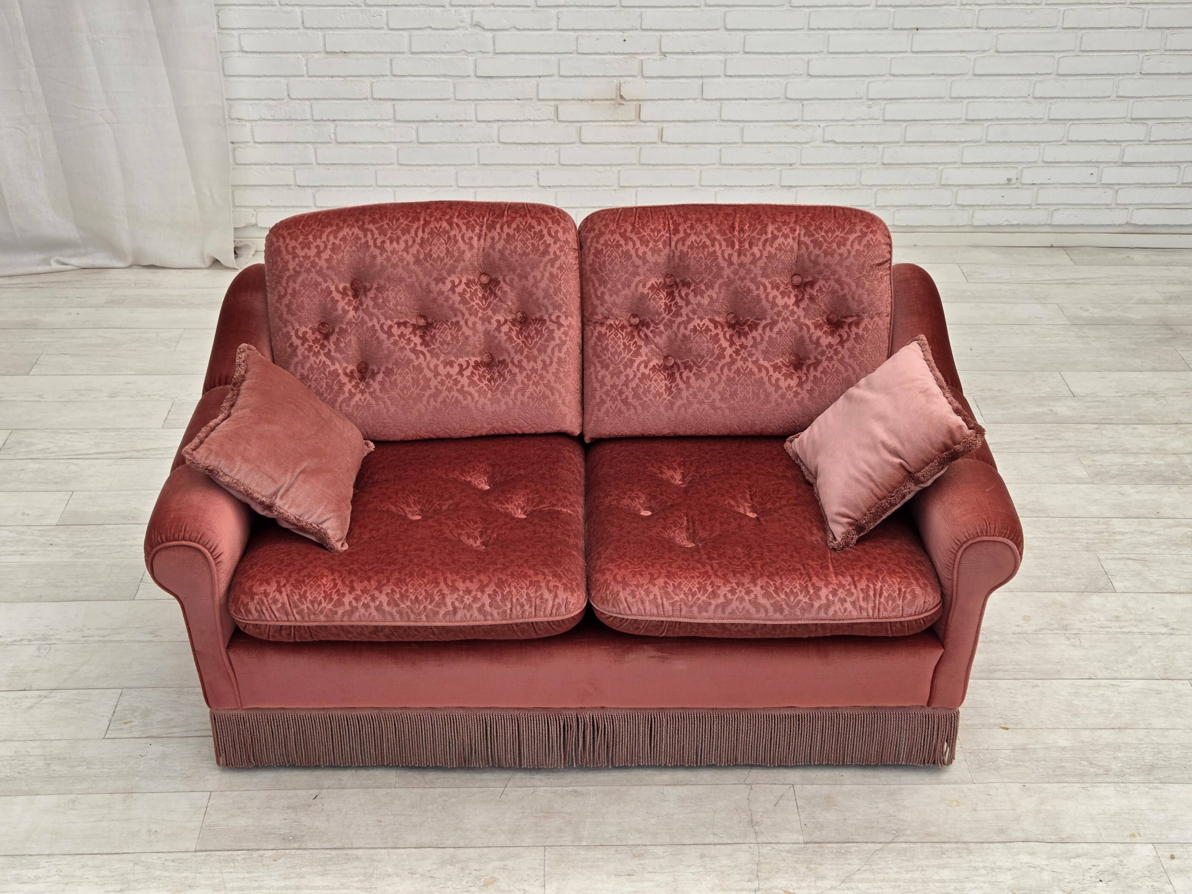 1980s, Scandinavian 2-seater sofa, pink furniture velour.