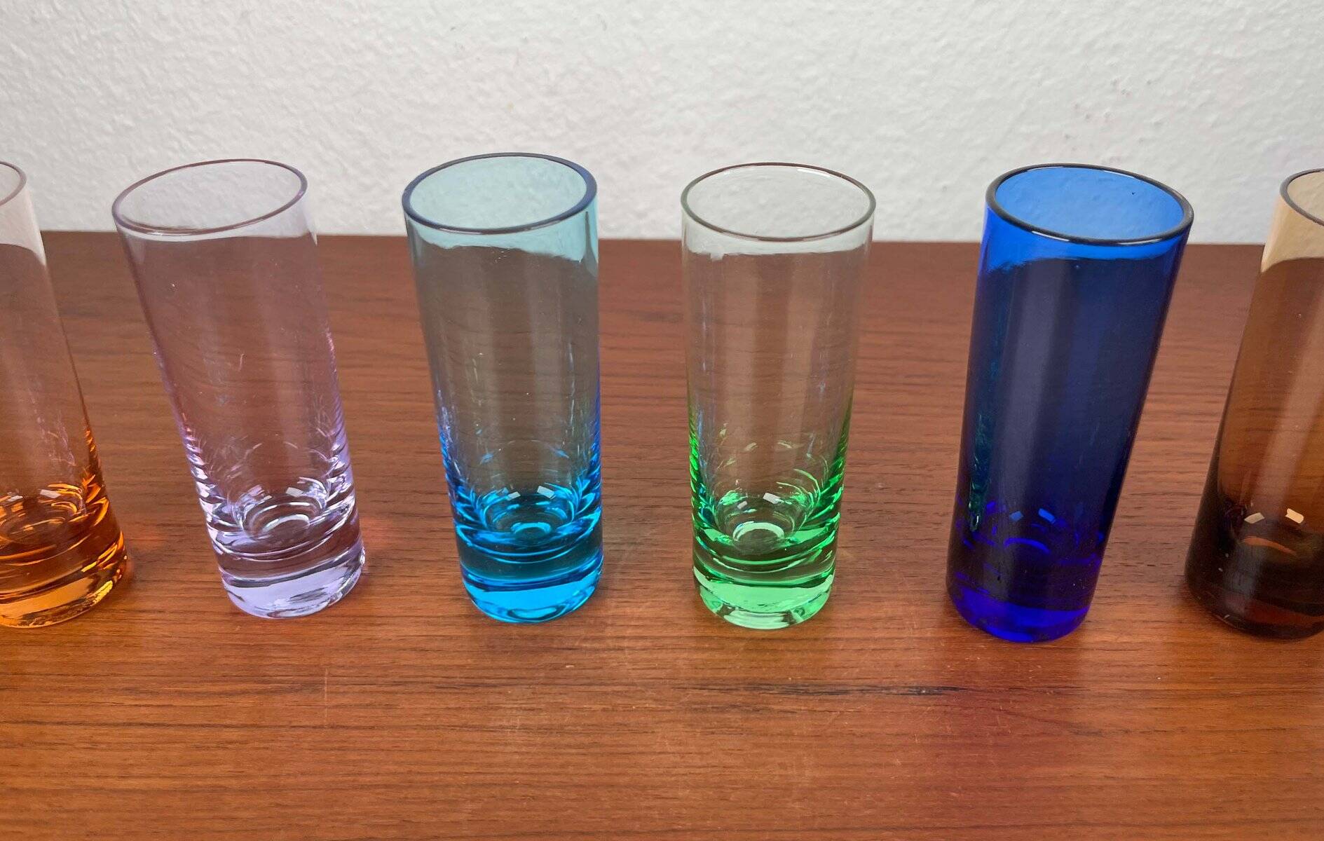 Coloured German shot glasses from the mid-century, 1960s, set of 6.