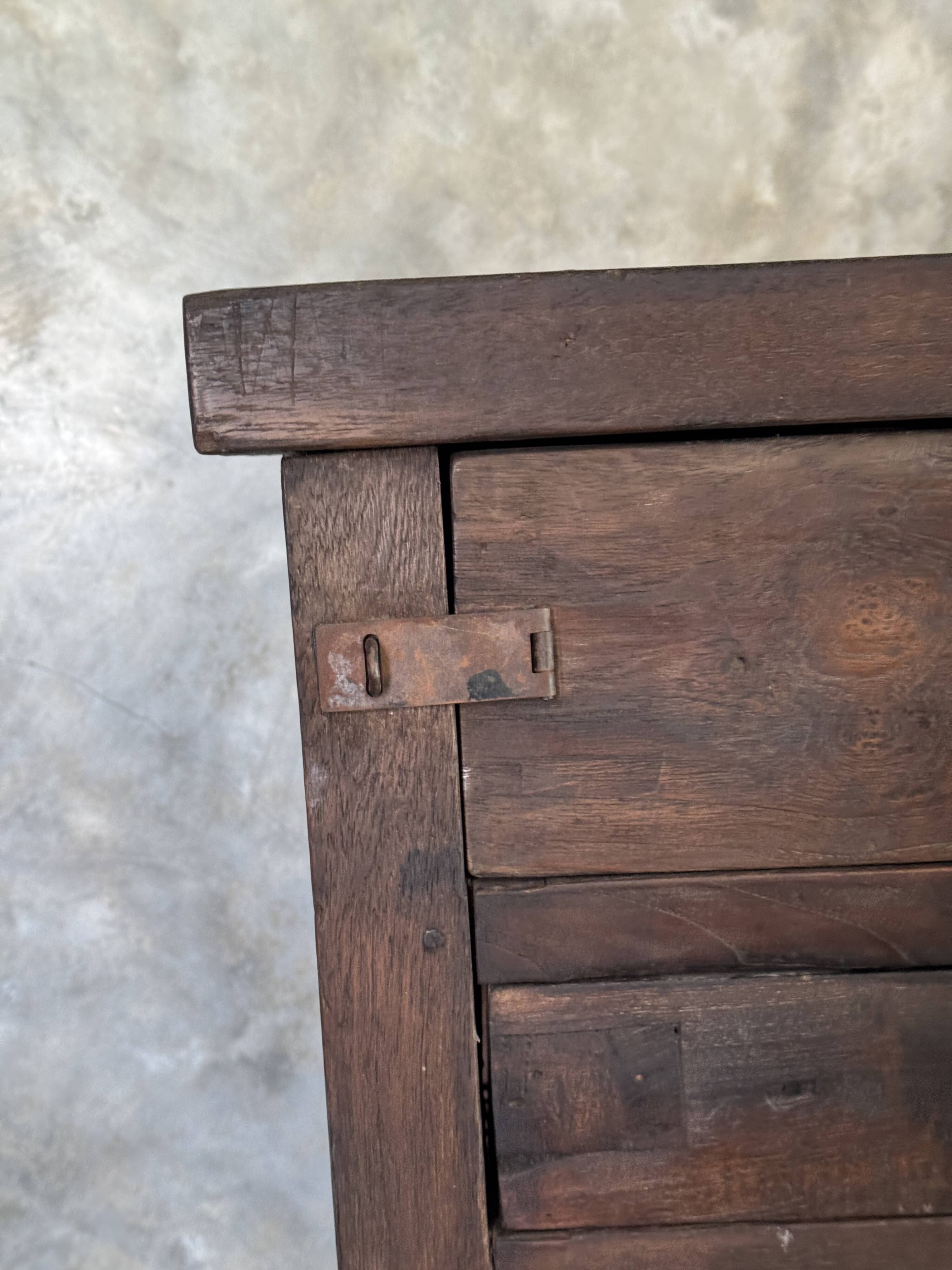 Antique Indonesian teak workbench with two drawers and stretcher H89.