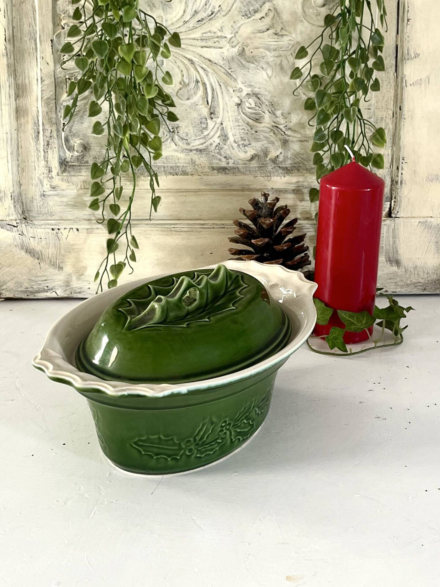 Christmas Terrine with Holly Lid, Green Ceramic Serving Dish, Vintage