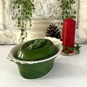Christmas Terrine with Holly Lid, Green Ceramic Serving Dish, Vintage
