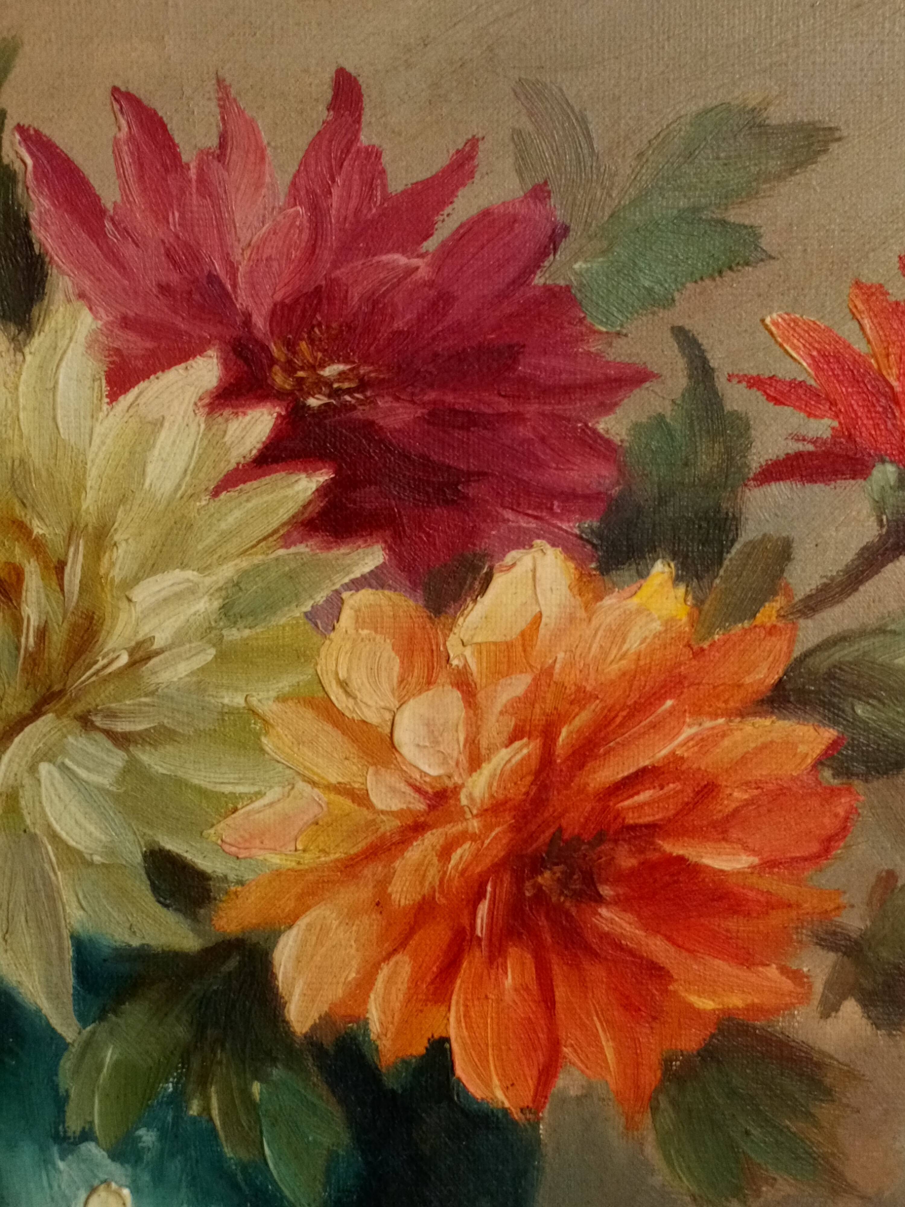 Oil on canvas vase with dalhias framed