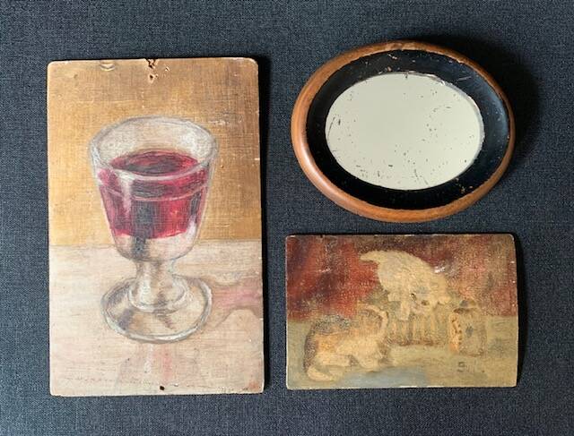 Small old signed painting, scene of cats, oil on panel, 1900