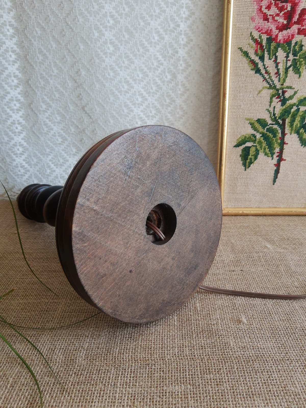 Turned wooden table lamp - vintage