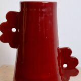 Handmade ceramic abstract vase with asymmetrical handles burgundy flower