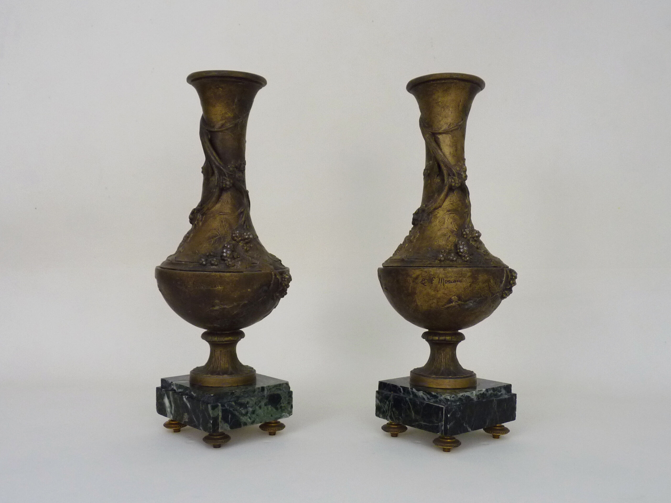 Pair of art nouveau vases in regulation on marble base signed l and f moreau