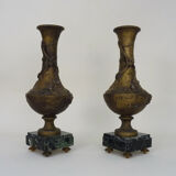 Pair of art nouveau vases in regulation on marble base signed l and f moreau