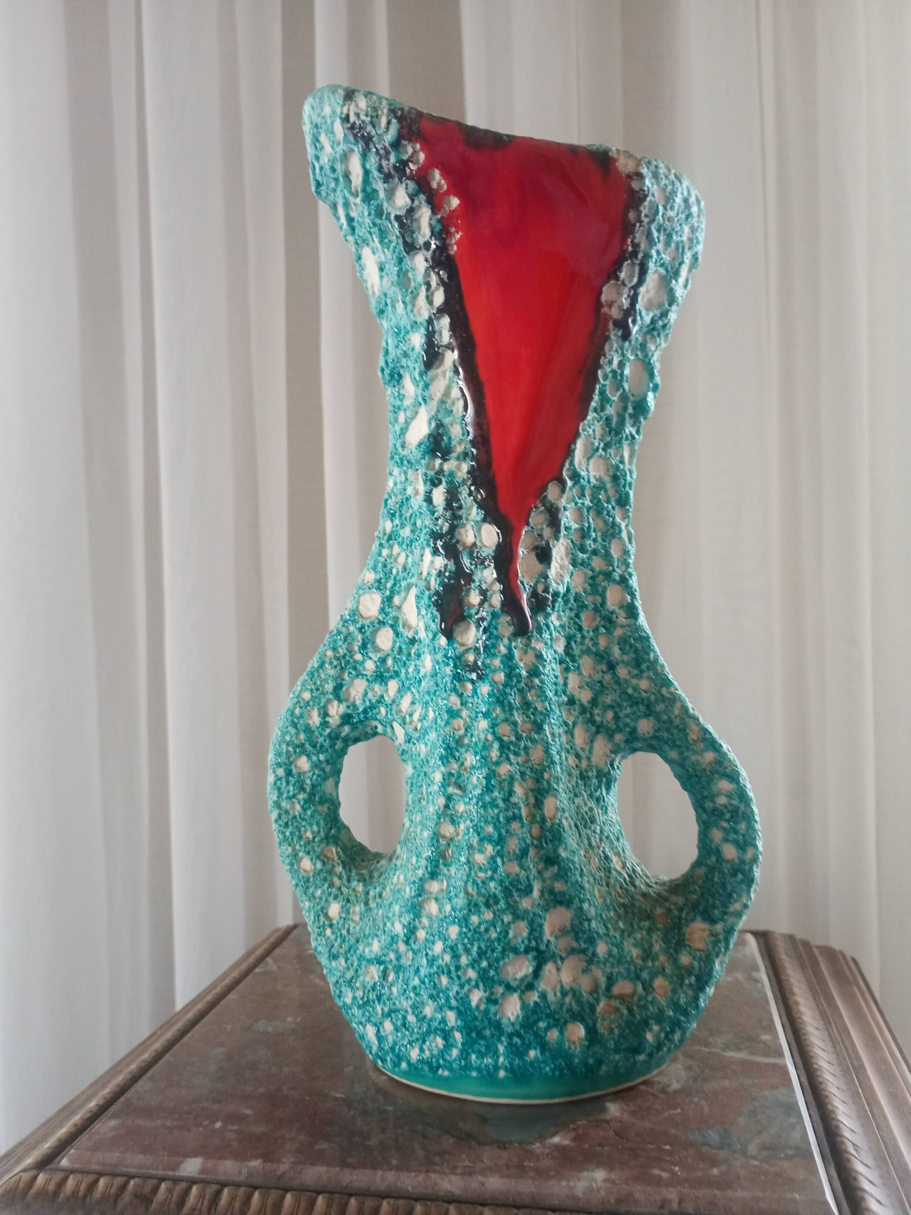 Turquoise "lava" double-handled vase - red & black enamel drips