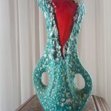 Turquoise "lava" double-handled vase - red & black enamel drips