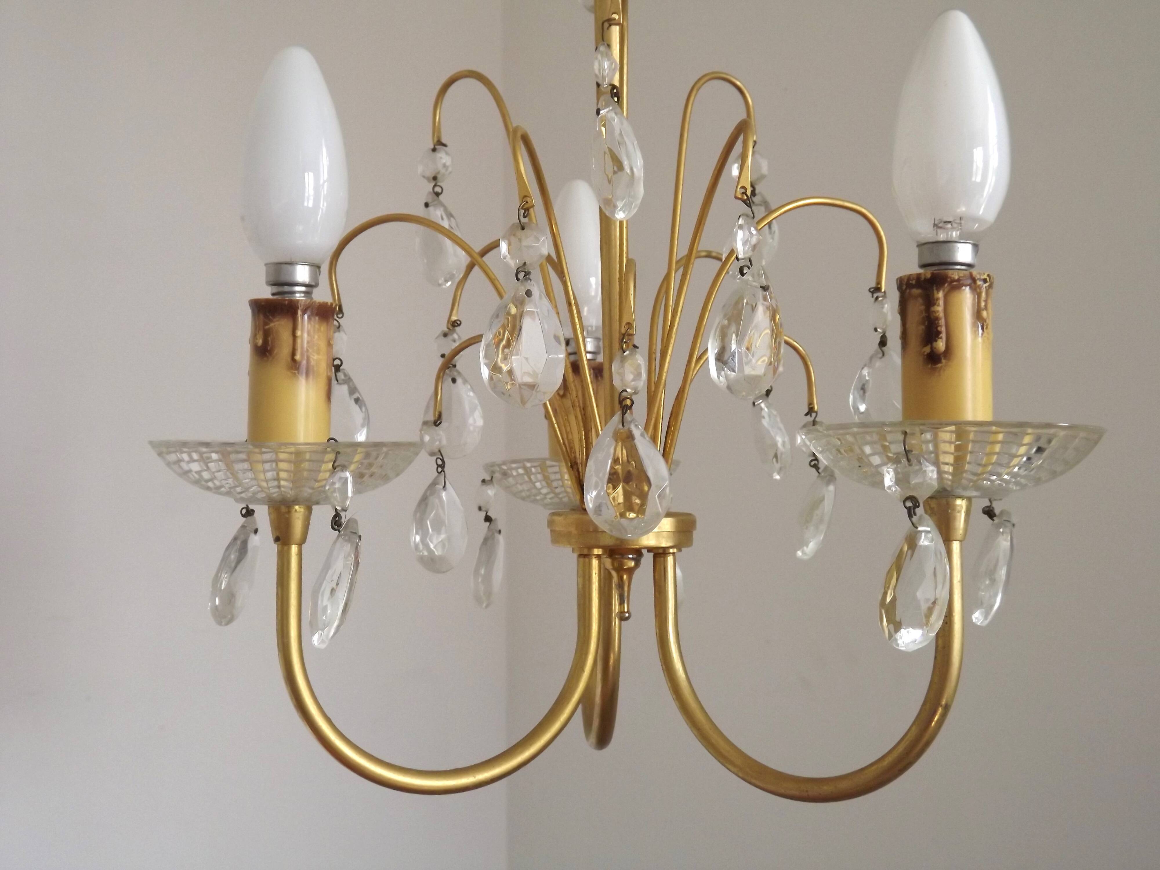 French Vintage Gold Effect Metal-Crystal 3 Light Chandelier Glass Bobeches