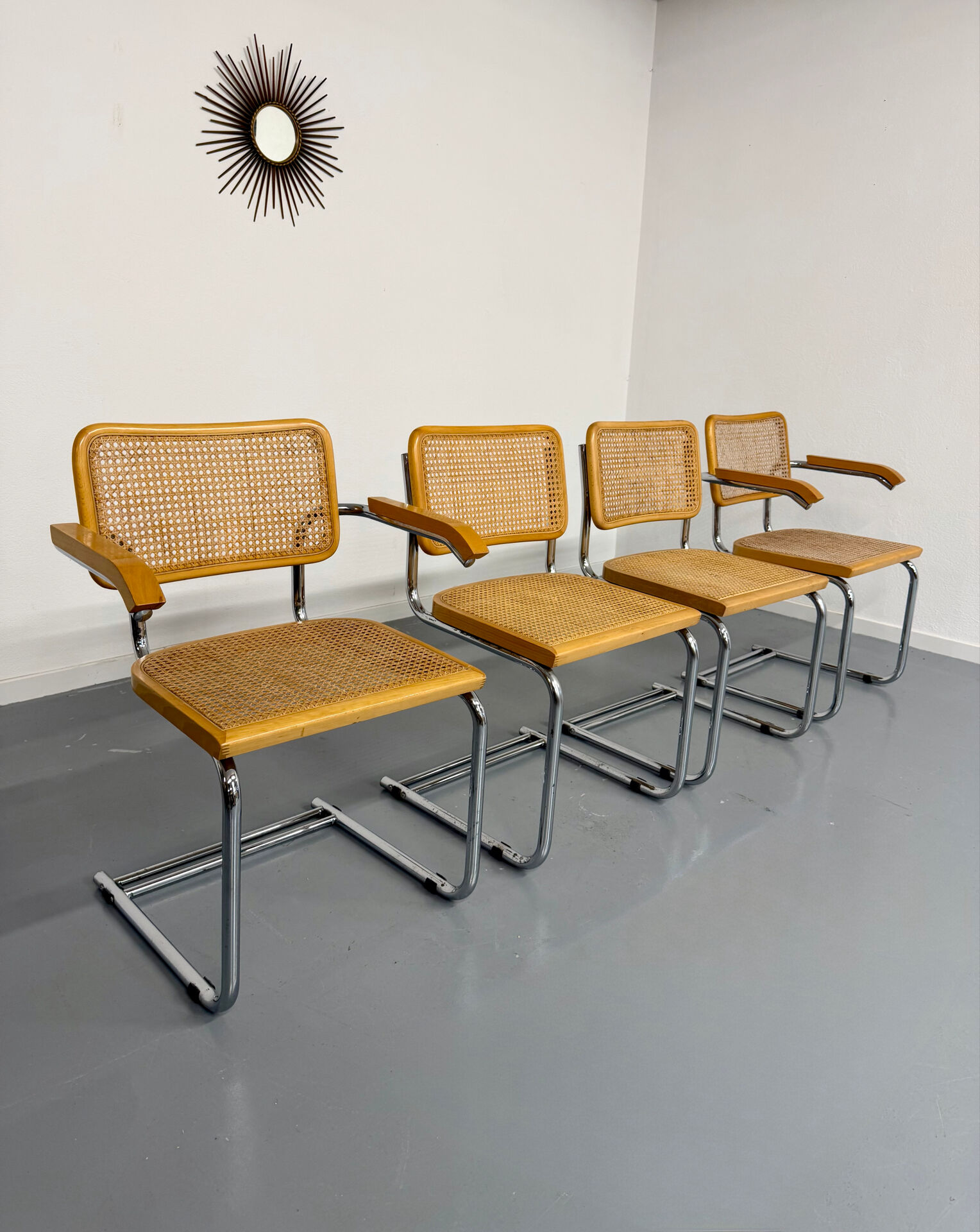 Set of 4 cane cantilever chairs and armchairs, Cesca, 1970s.