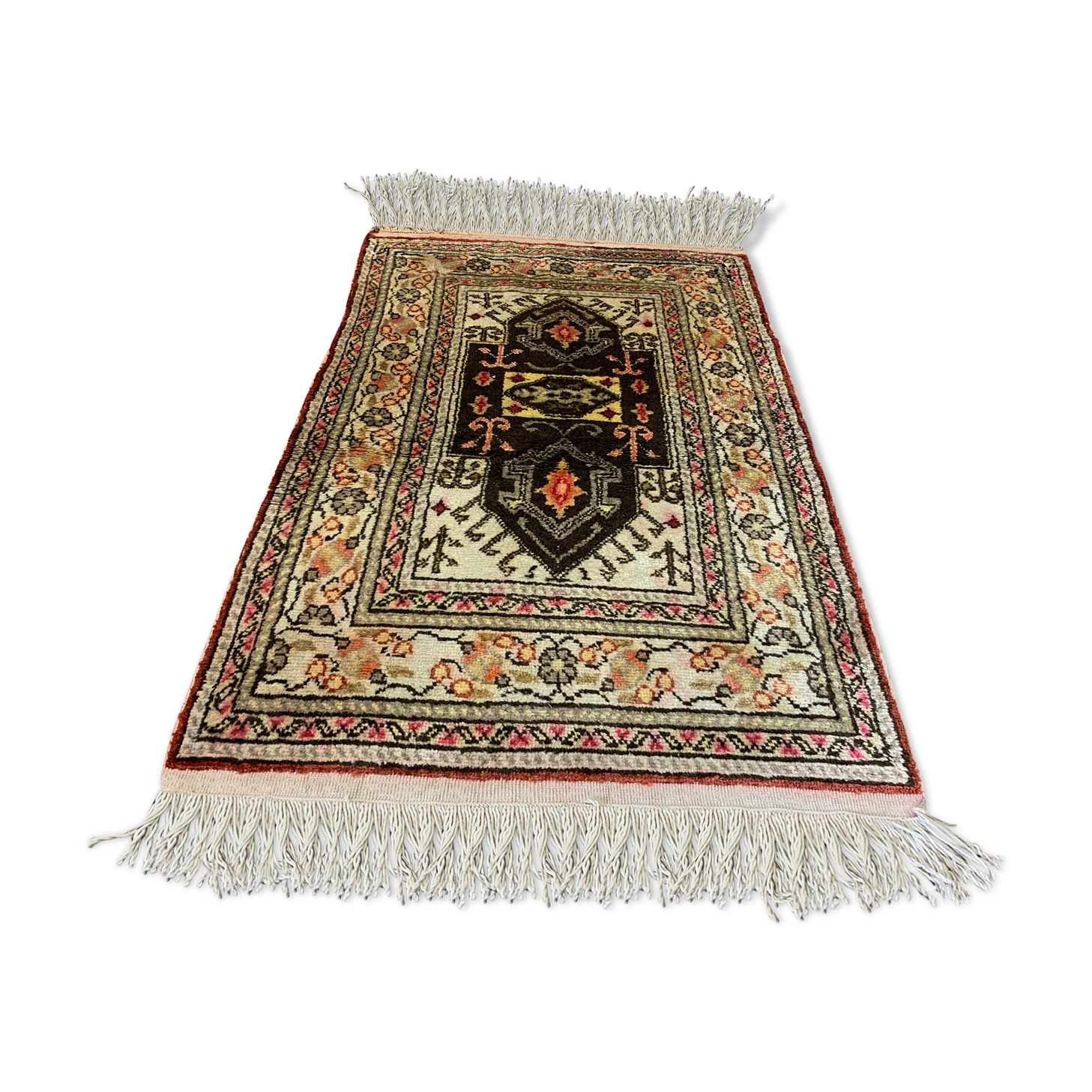 Vintage Turkish Vegan Silk Rug, 110x60 cm, Kayseri, Red, Yellow, Beige Small
