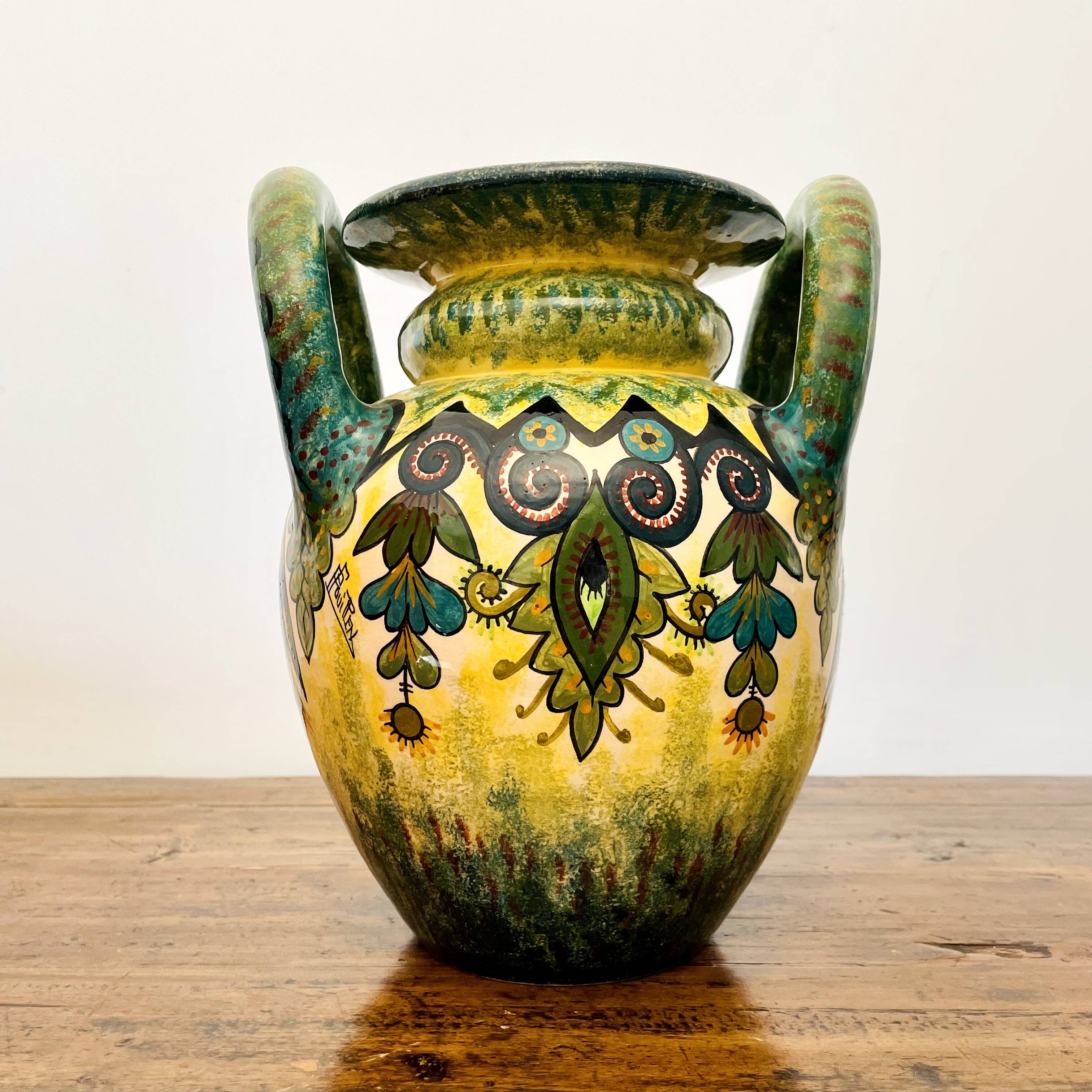 Sublime vase signed Paul Fouillen with yellow and green handles 1940