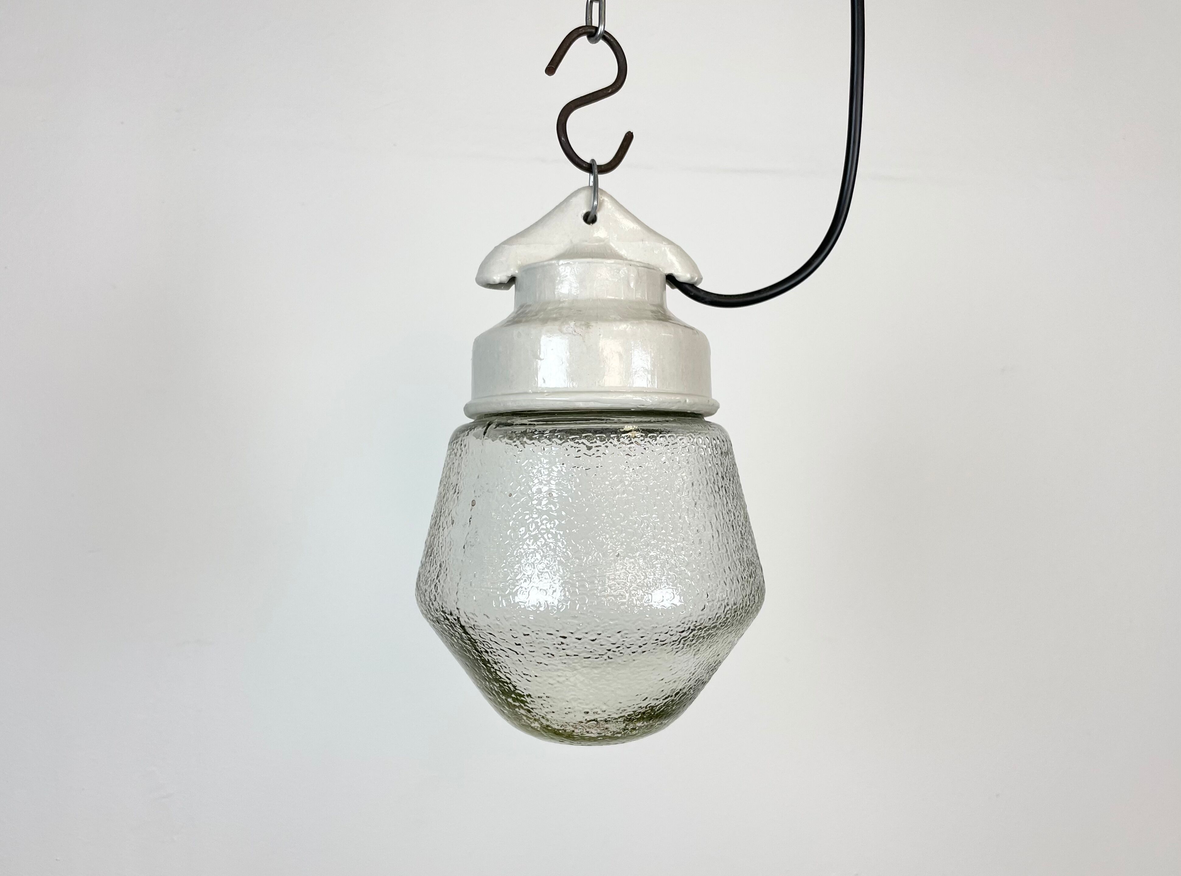 Industrial White Porcelain Pendant Light with Frosted Clear Glass, 1970s
