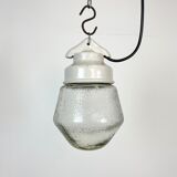 Industrial White Porcelain Pendant Light with Frosted Clear Glass, 1970s