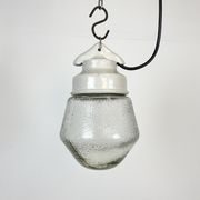 Industrial White Porcelain Pendant Light with Frosted Clear Glass, 1970s