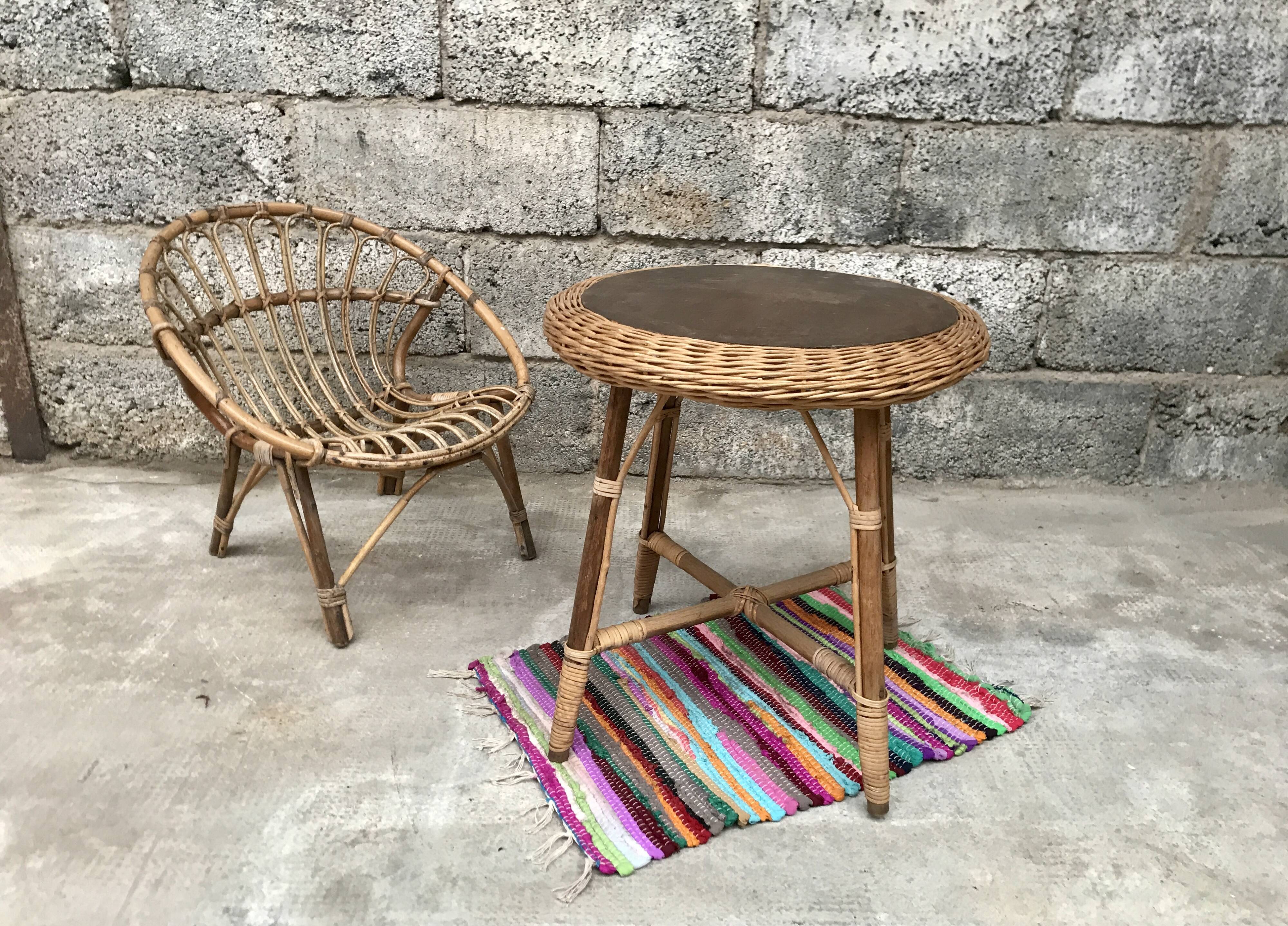 Vintage side table in bohemian old rattan wicker 1950