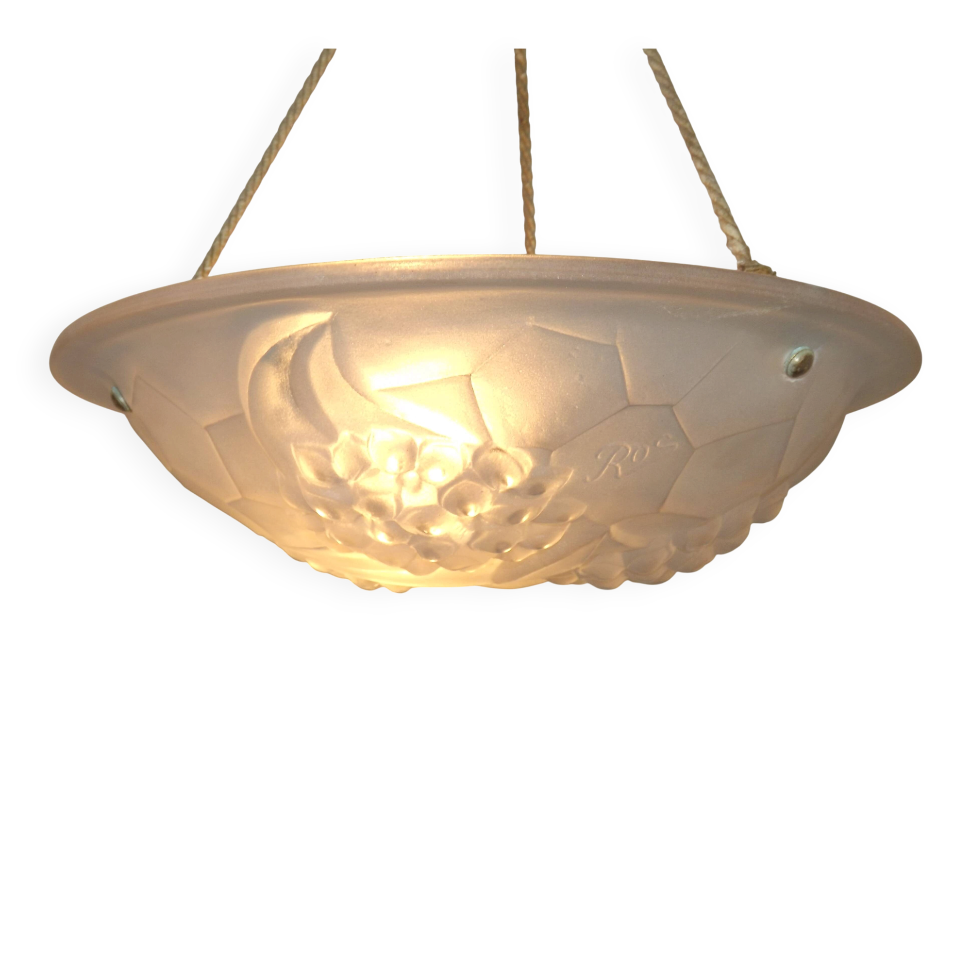 French Art Deco Ceiling Light ROS Degue Frosted Molded Glass Plafonnier