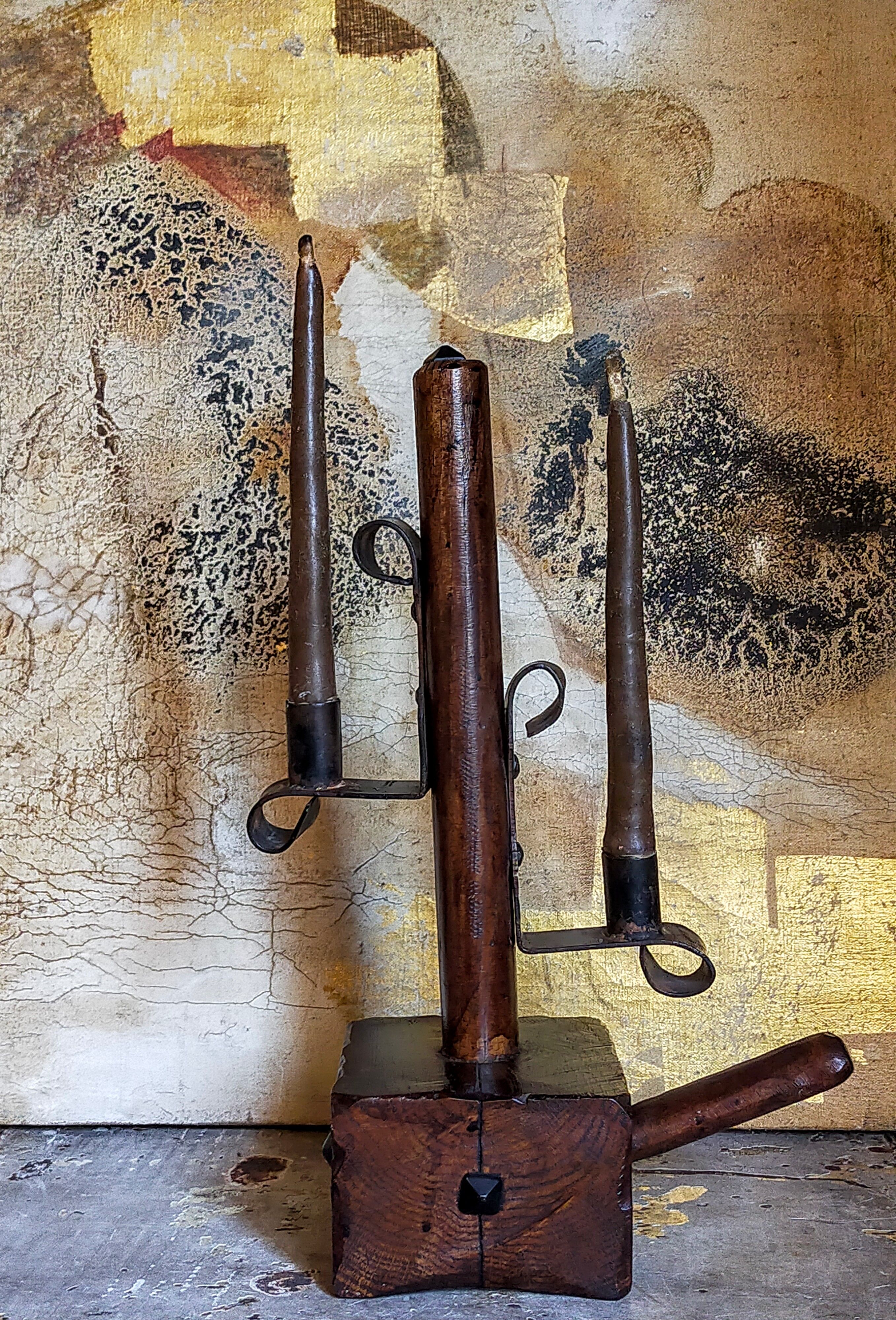 Rustic candle holder Art-popular solid wood and vintage wrought iron