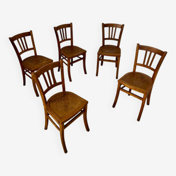 Set of 5 old wooden bistro chairs from the 1950s Vintage