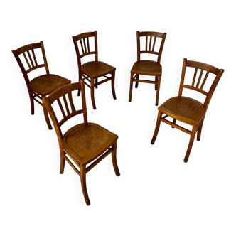 Set of 5 old wooden bistro chairs from the 1950s Vintage