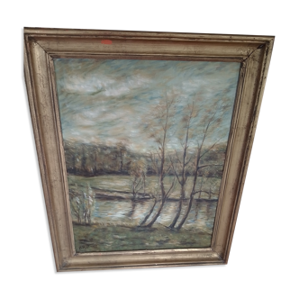 Tableau peinture bois étang signé B Rothmann