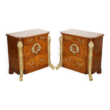 Empire Style Nightstands in Golden Walnut Burl, Set of 2