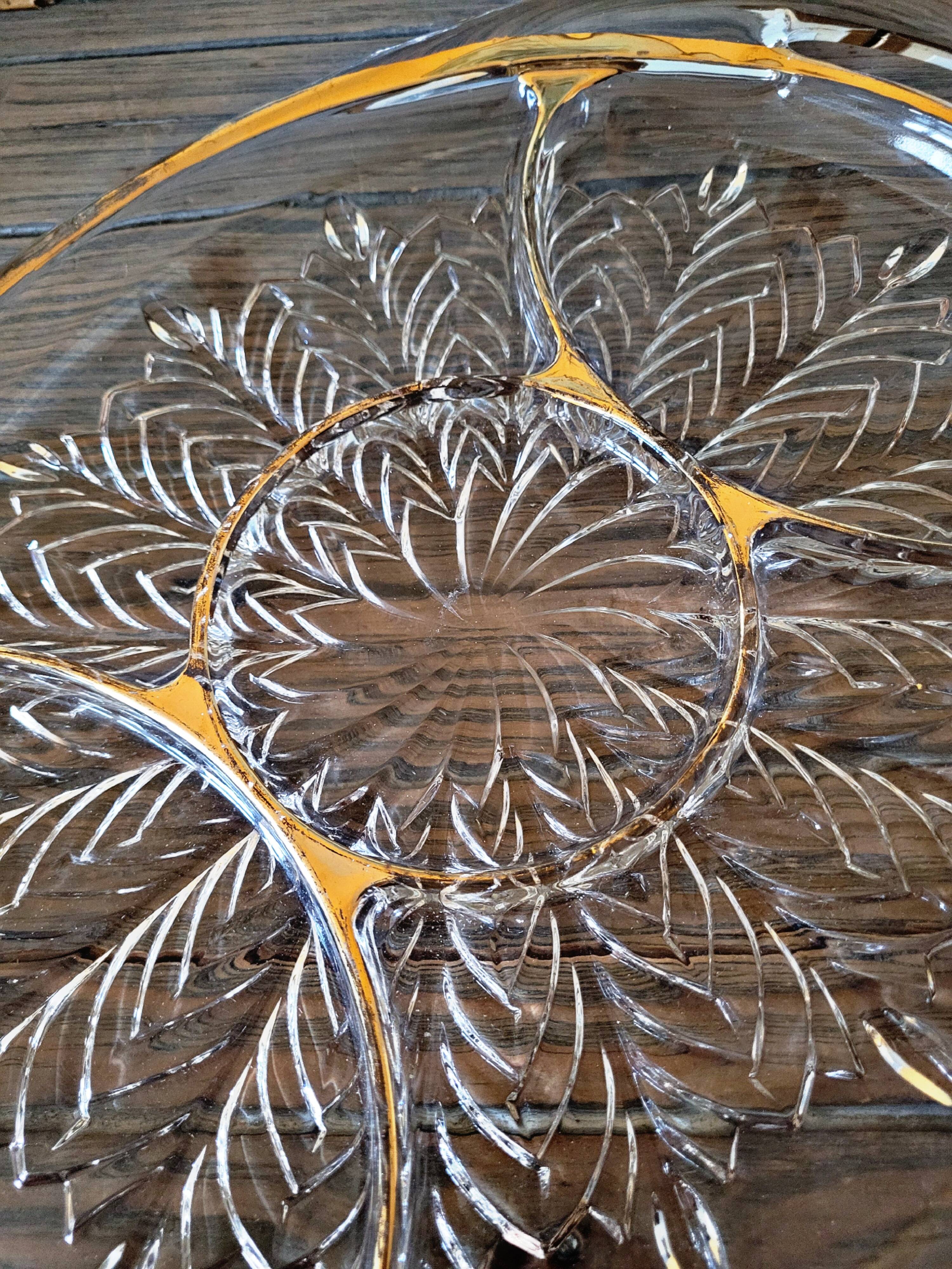 Vintage glass moulded aperitif server with handles and gilding.