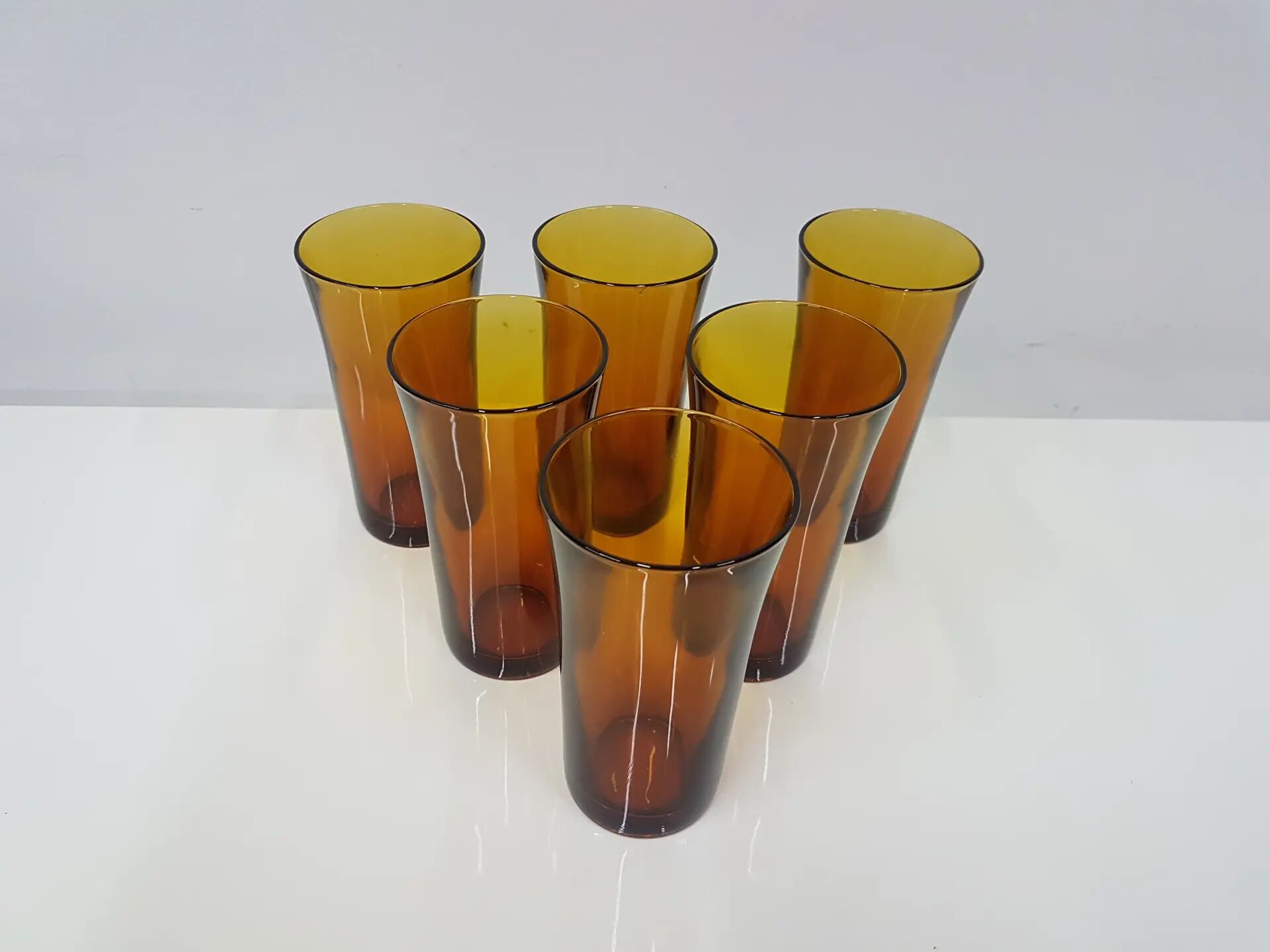 Set of six amber glass tumblers, Duralex, France, 1980s.