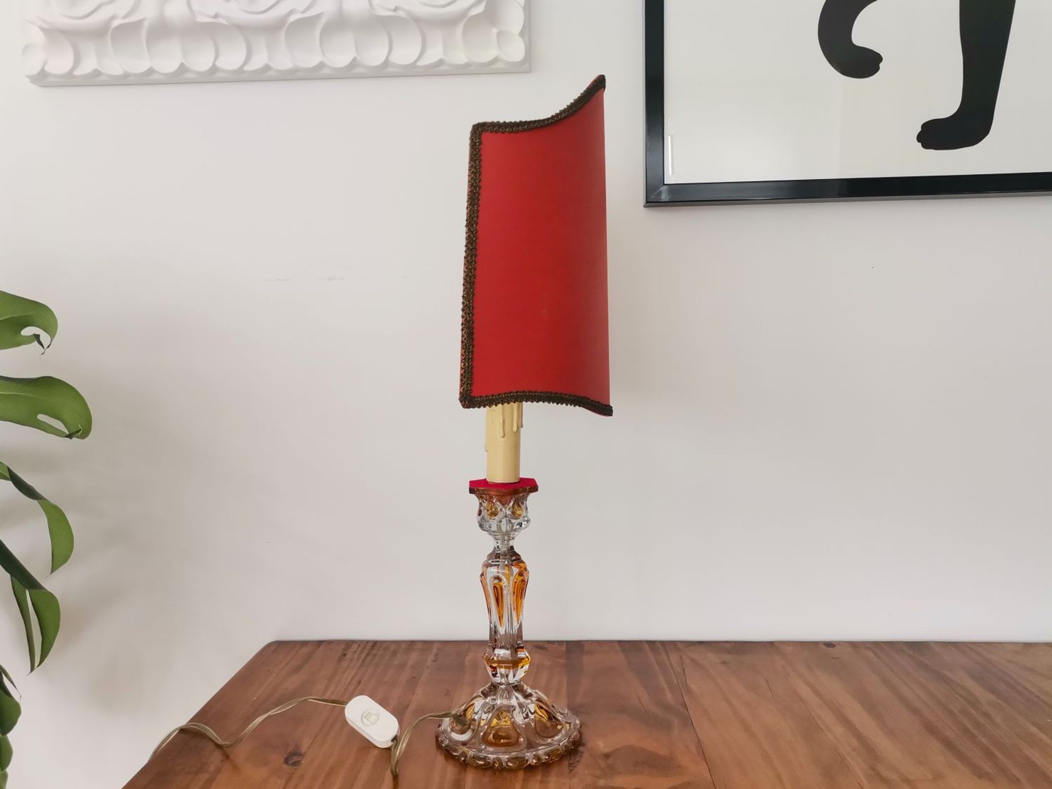 French Art Nouveau Crystal Red Silk Half Shade Table Lamp, 1940s